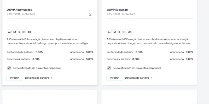 Carteiras recomendadas no app da AUVP: AUVP Acumulação e AUVP Evolução