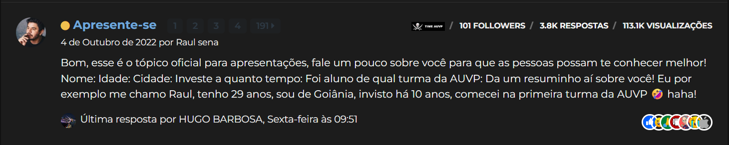 Post Apresente-se do Raul Sena na comunidade AUVP